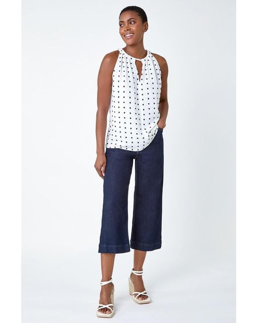 Roman White Embroidered Spot Print Halterneck Top