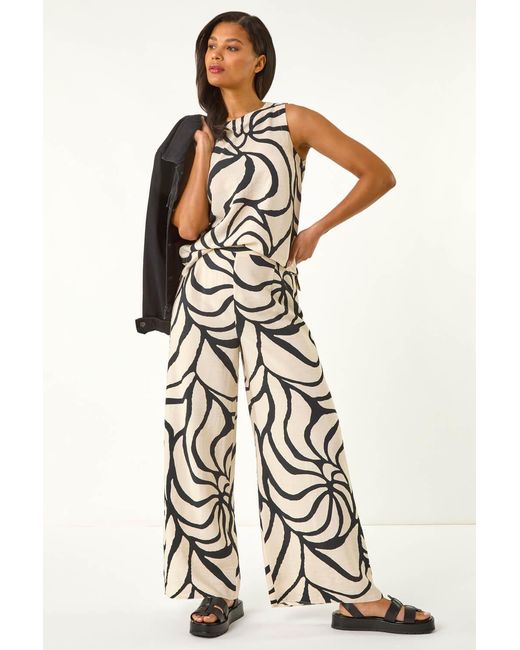 Roman Black Mono Floral Palm Print Wide Leg Trouser