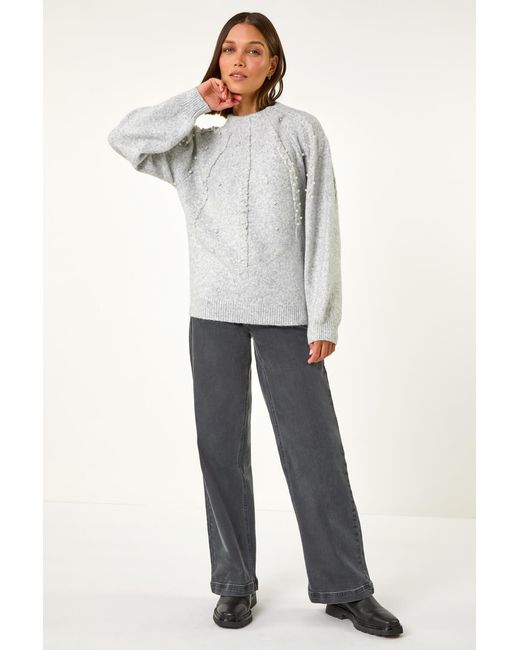 Roman Gray Pearl Embellished Cable Knit Jumper
