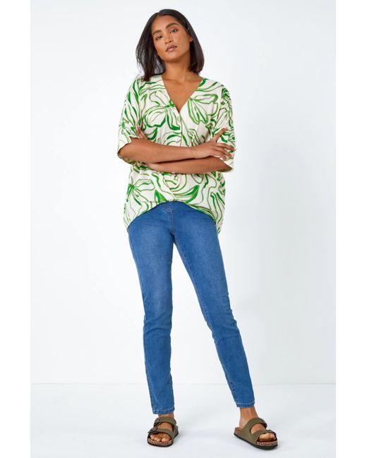 Roman Green Abstract Floral Print Button Twist Top