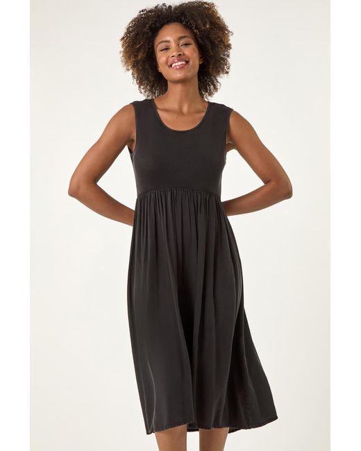 Roman Black Ribbed Stretch Midi Dress