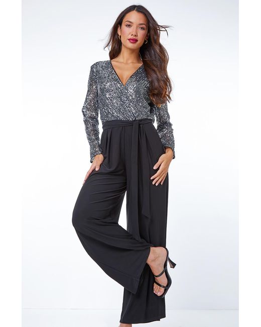 Roman Blue Sequin Wrap Bodice Jumpsuit