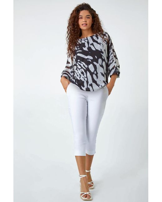 Roman White Abstract Print Chiffon Overlay Top