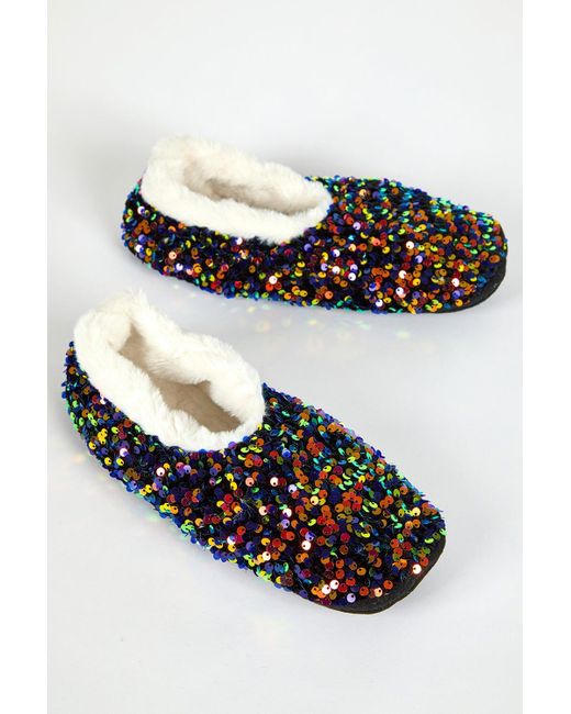 Roman Black Sequin Faux Fur Lofty Slippers
