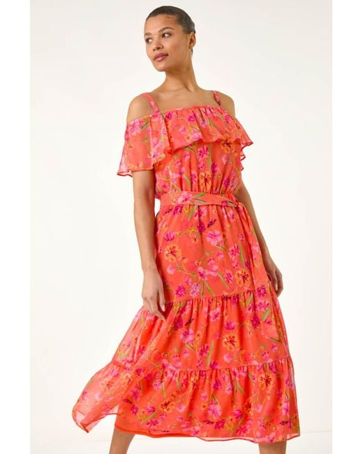 Roman Red Floral Bardot Midi Dress