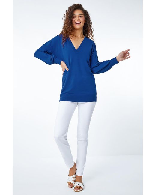 Roman Blue Plain Stretch V-Neck Longline Jumper