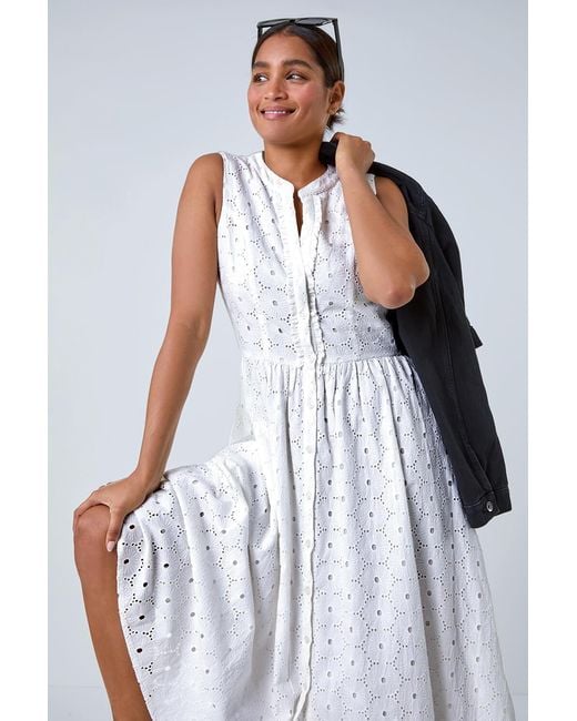 Roman White Floral Cotton Broderie Midi Dress