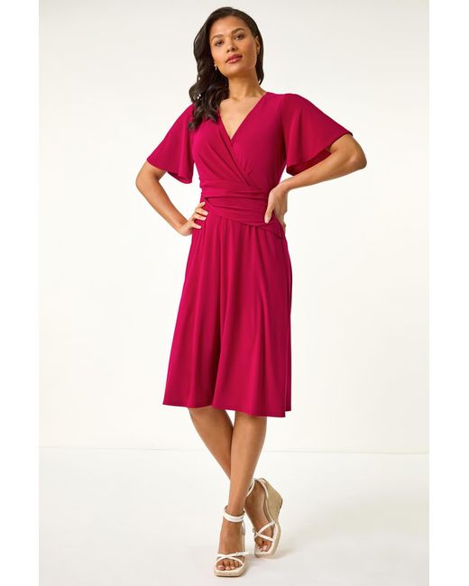 Roman Red Wrap Over Stretch Dress
