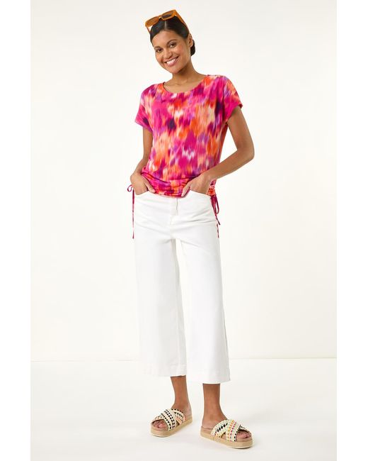 Roman Pink Abstract Print Side Tie Detail Top