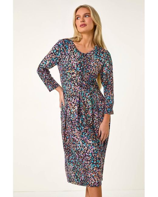 Roman Petite Blue Animal Print Button Stretch Midi Dress