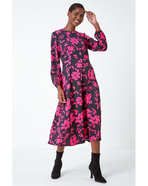 Roman Purple Floral Contrast Print Midi Dress
