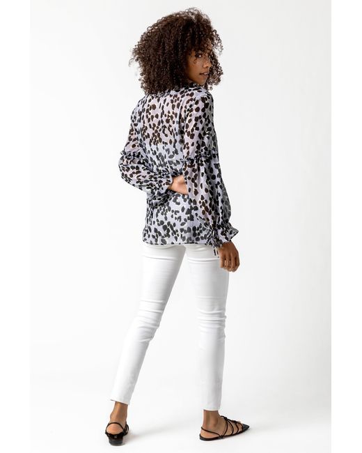 Roman Metallic Animal Print Tie Neck Blouse