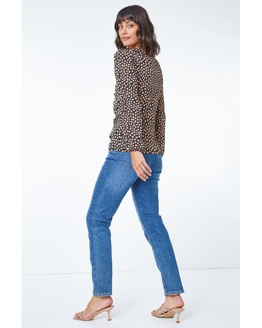 Roman Natural Spot Print V-Neck Ruffle Top