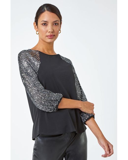 Roman Black Sequin Sleeve Stretch Jersey Top