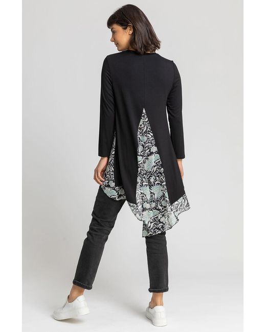 Roman Black Floral Print Chiffon Hem Tunic Top