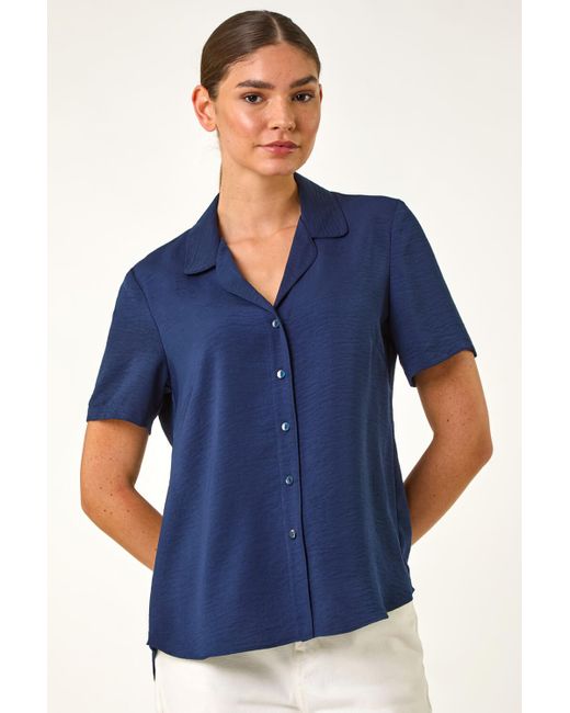 Roman Blue Collared Short Sleeve Blouse