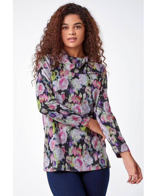 Roman Gray Floral Print Fold Neck Stretch Top