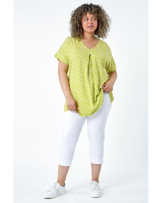 Roman Curve Yellow Pleat Front Printed V-Neck Stretch Top