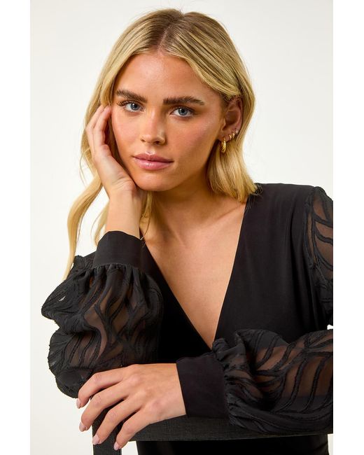 Roman Petite Black Jacquard Contrast V-Neck Wrap Top