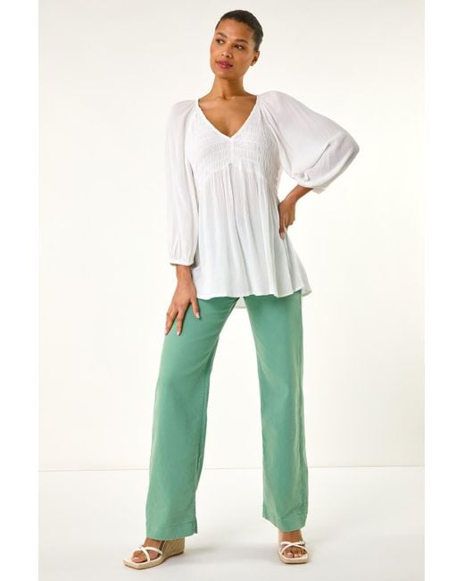 Roman White Shirred V-Neck Top