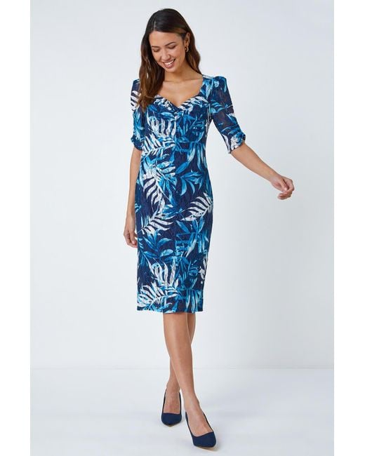 Roman Blue Leaf Print Puff Sleeve Midi Dress