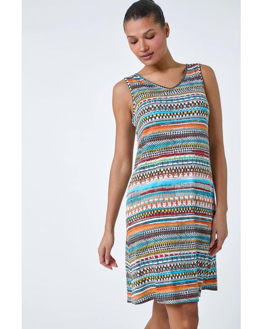 Roman Blue Aztec Stripe Stretch Pocket Swing Dress