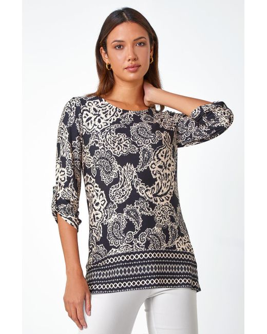 Roman Black Paisley Border Print Stretch Tunic Top