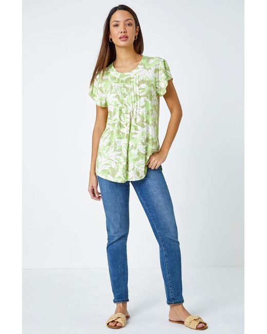 Roman Green Leaf Print Pleated Stretch Top