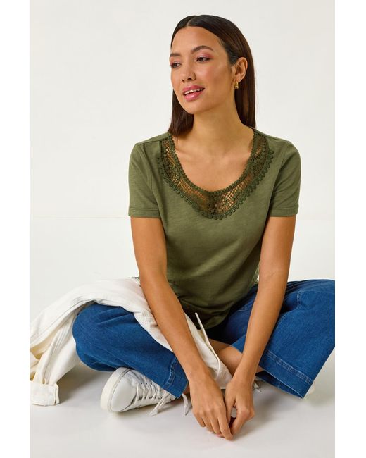 Roman Green Lace Neck Trim Stretch Top