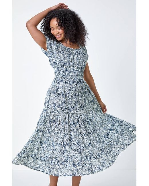 Roman Petite Blue Abstract Puff Sleeve Cotton Dress