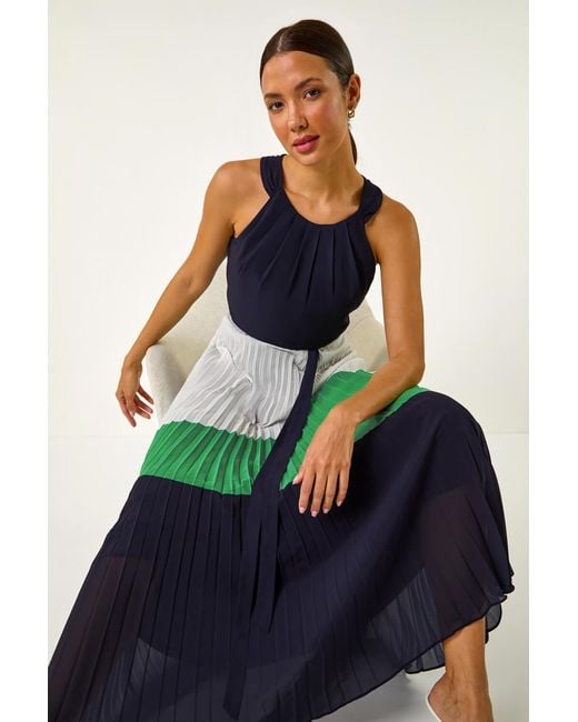 Roman Blue Colourblock Pleat Halter Neck Maxi Dress