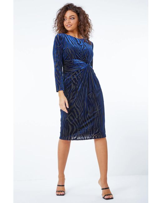 Roman Petite Blue Zebra Print Burnout Ruched Midi Dress
