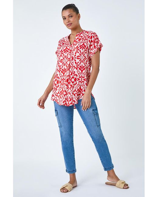 Roman Red Aztec Print V-Neck Pleat Detail Top