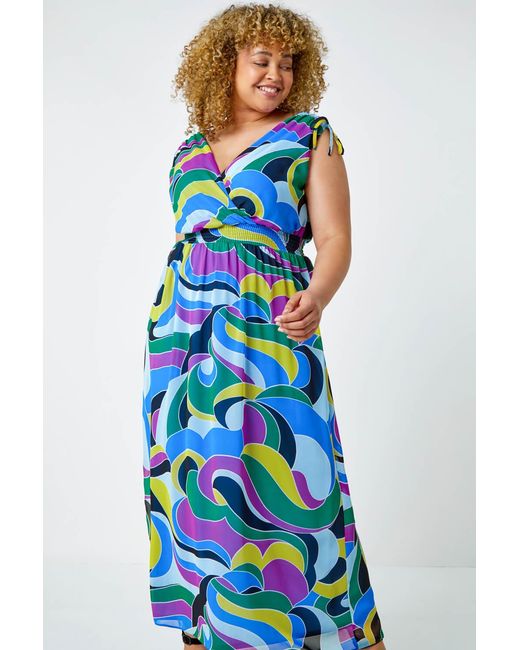Roman Curve Blue Abstract Shirred Chiffon Maxi Dress