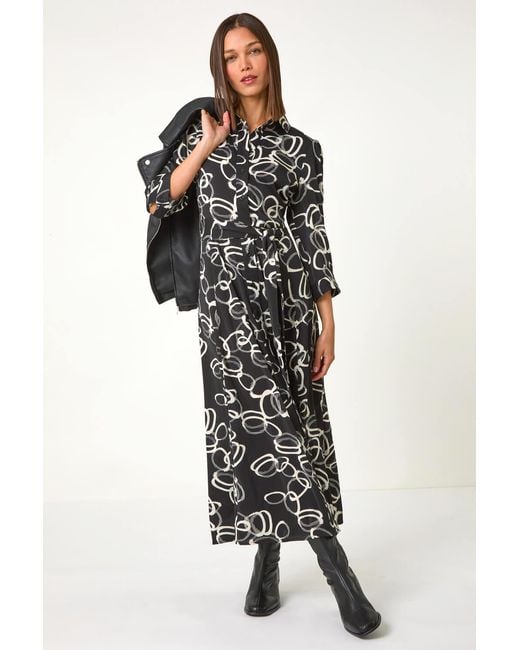 Roman Black Abstract Circle Print Midi Shirt Dress