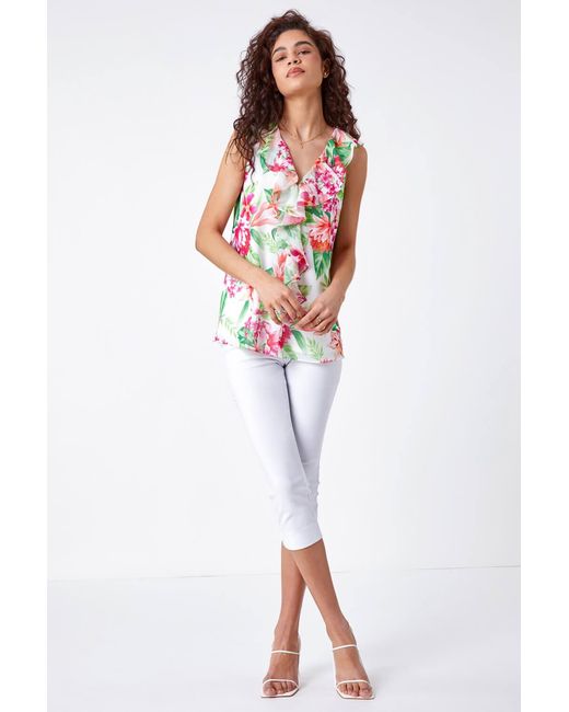 Roman Red Floral Print V-Neck Ruffle Front Chiffon Top