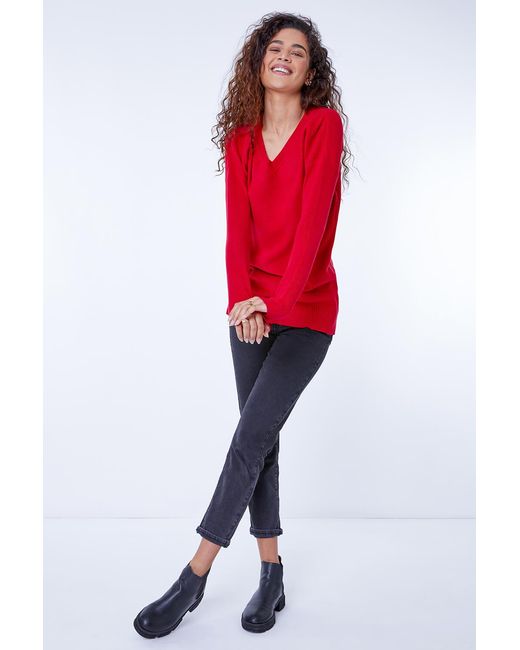 Roman Red Plain Stretch V-Neck Longline Jumper