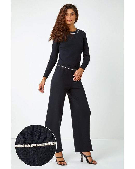 Roman Black Diamante Waist Trim Knitted Trouser