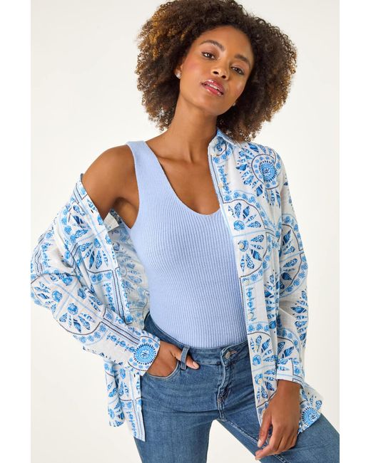 Roman Blue Abstract Print Collared Shirt