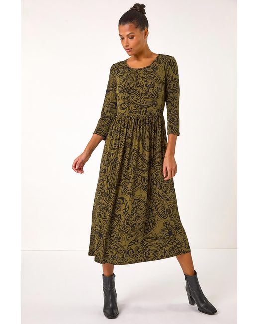 Roman Green Paisley Print Gathered Stretch Midi Dress