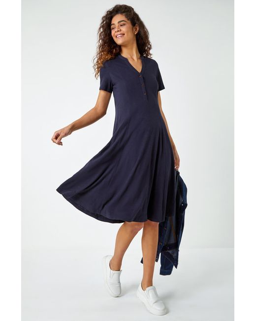 Roman Blue Fit & Flare Cotton Midi Dress