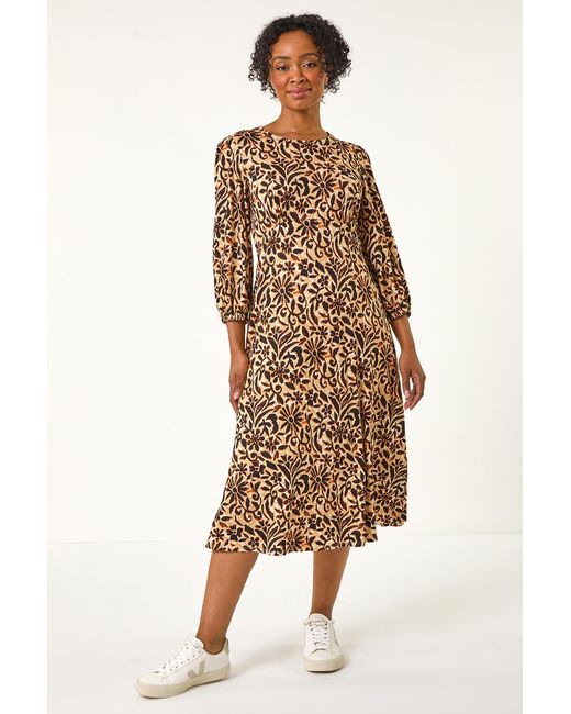 Roman Petite Brown Floral Stretch Midi Dress