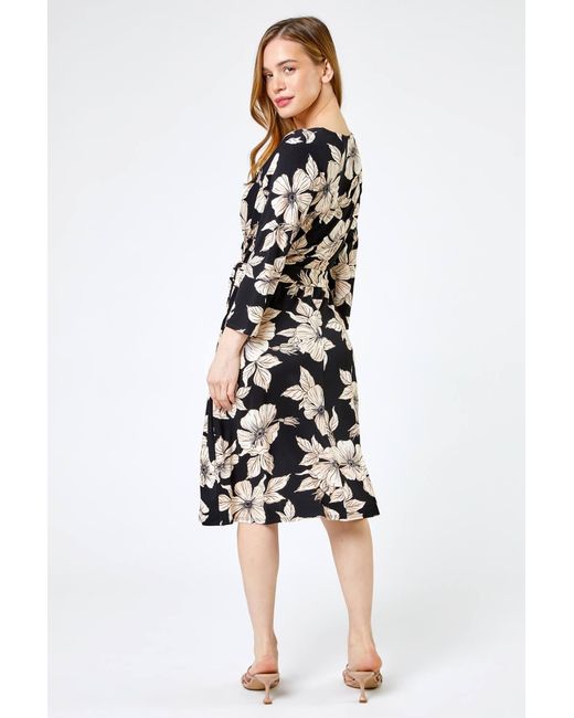Roman Petite Black Floral Print Belted Wrap Skater Dress