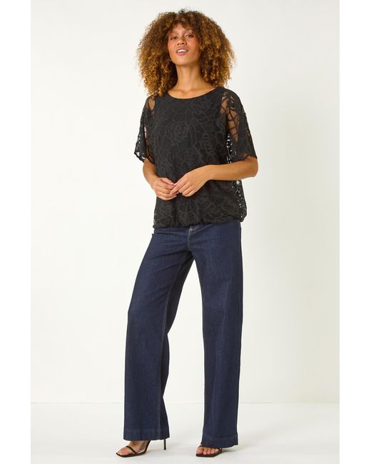 Roman Black Rose Print Burnout Mesh Top