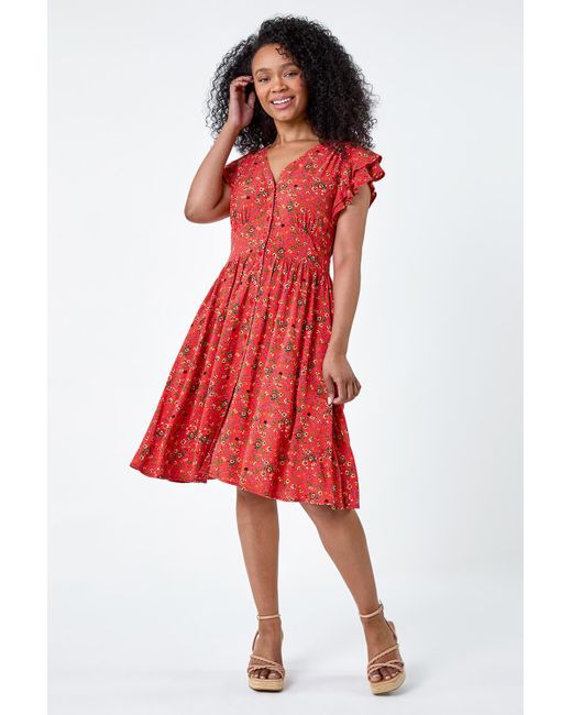 Roman Red Originals Petite Ditsy Floral Frill Pocket Dress
