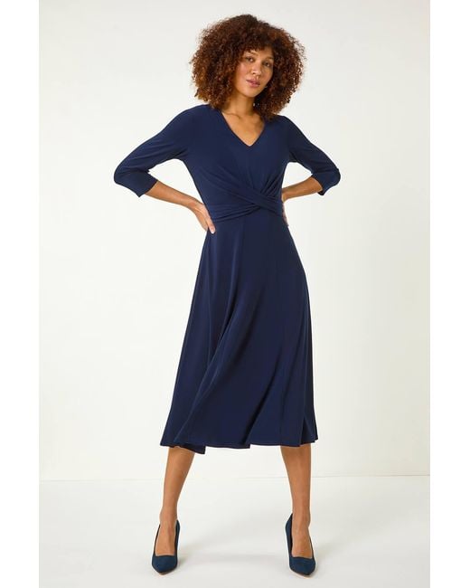 Roman Blue Stretch Crossover Midi Dress