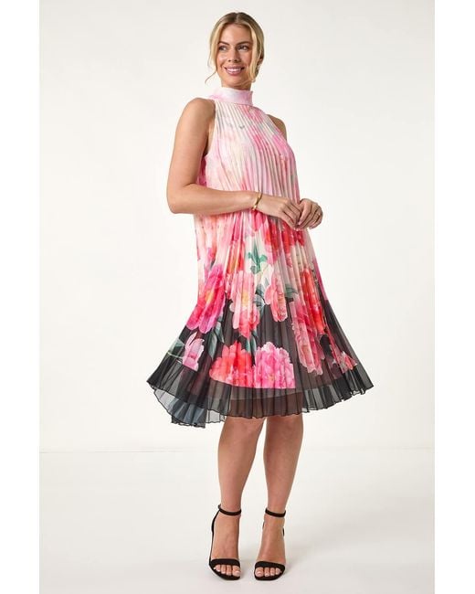 Roman Petite Pink Floral Halter Pleat Dress
