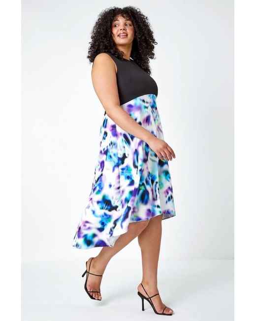 Roman Curve Blue Premium Stretch Abstract Midi Dress