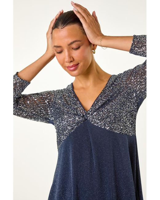 Roman Blue Sequin Bodice V-Neck Stretch Tunic Top