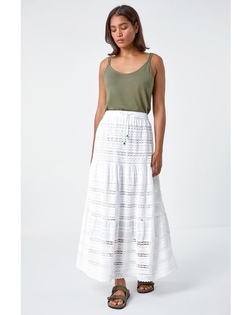 Roman White Lace Detail Cotton A Line Maxi Skirt